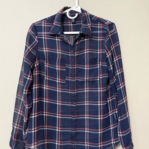 Gap Sheer Navy Plaid Button-Up Shirt